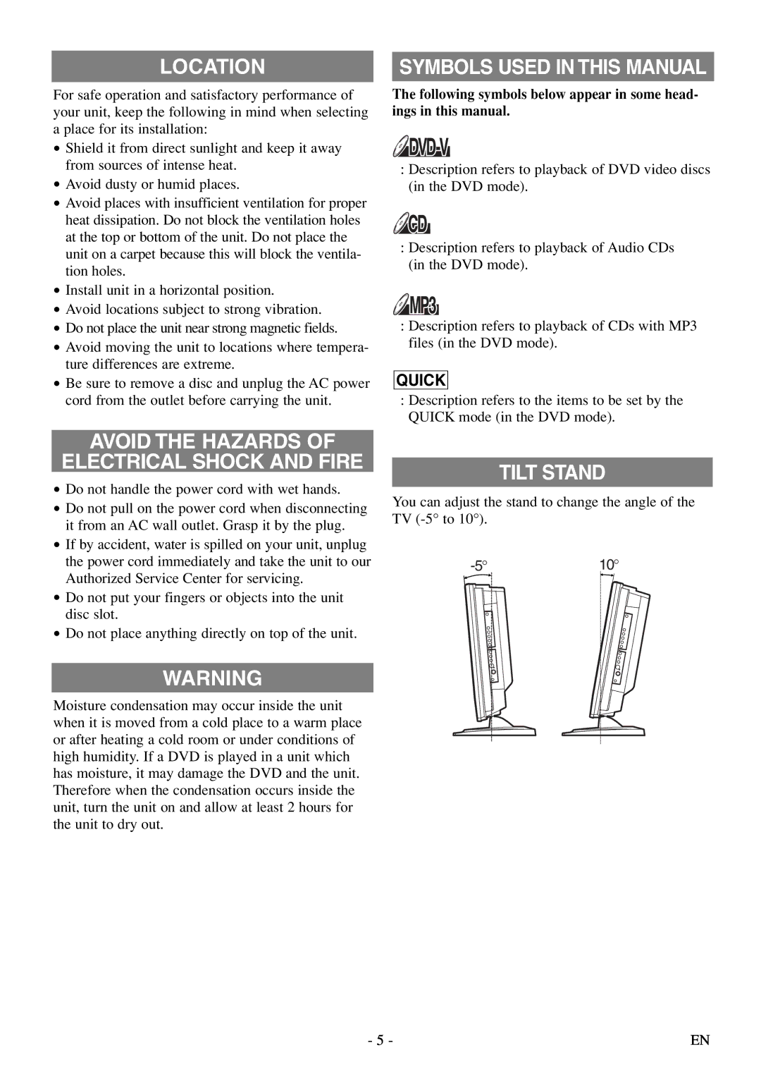 Sylvania 6620 LDF manual Symbols Used in this Manual, Tilt Stand, 510 