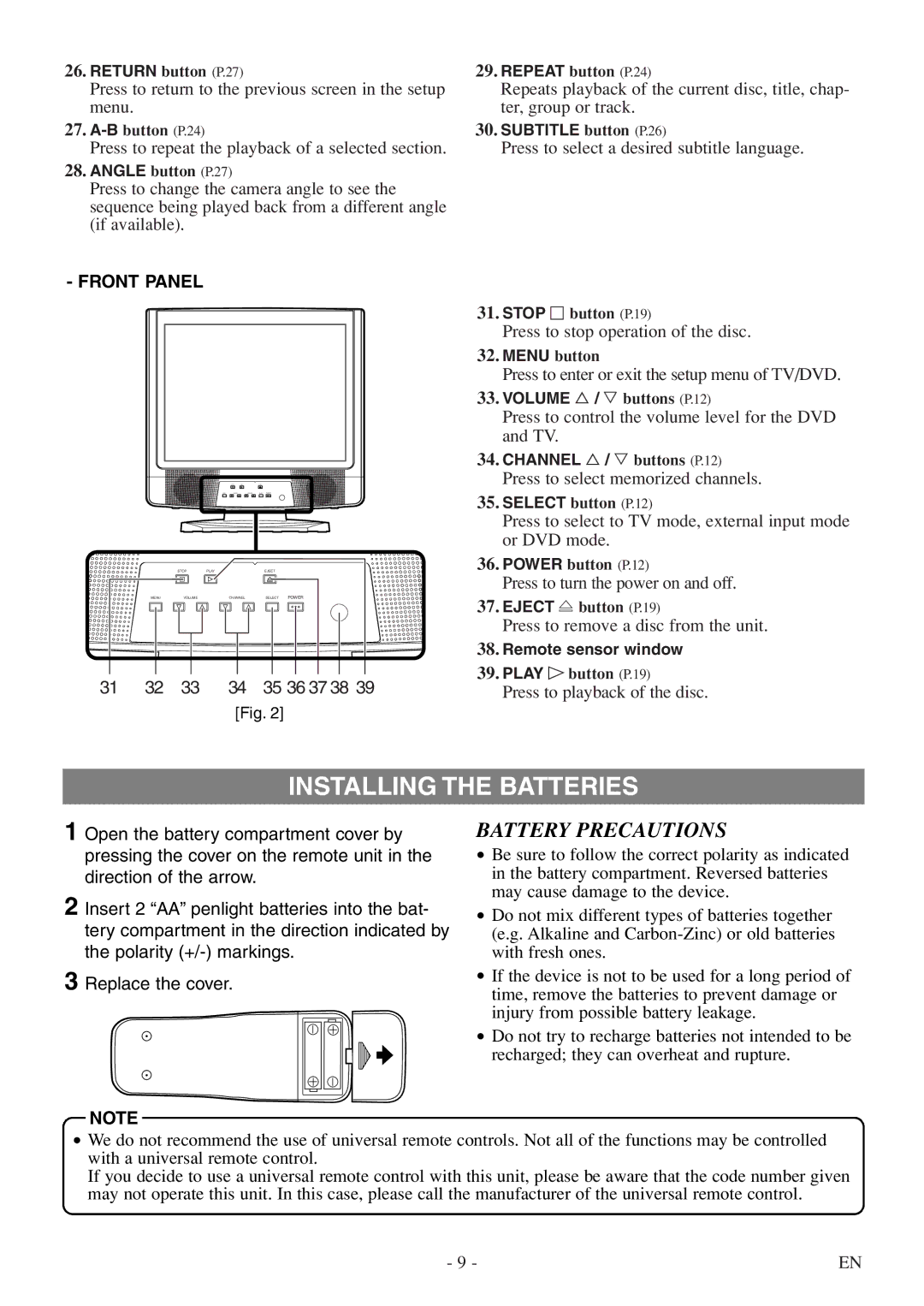 Sylvania 6620 LDF manual Installing the Batteries, Battery Precautions, Front Panel, 35 36 37 38 