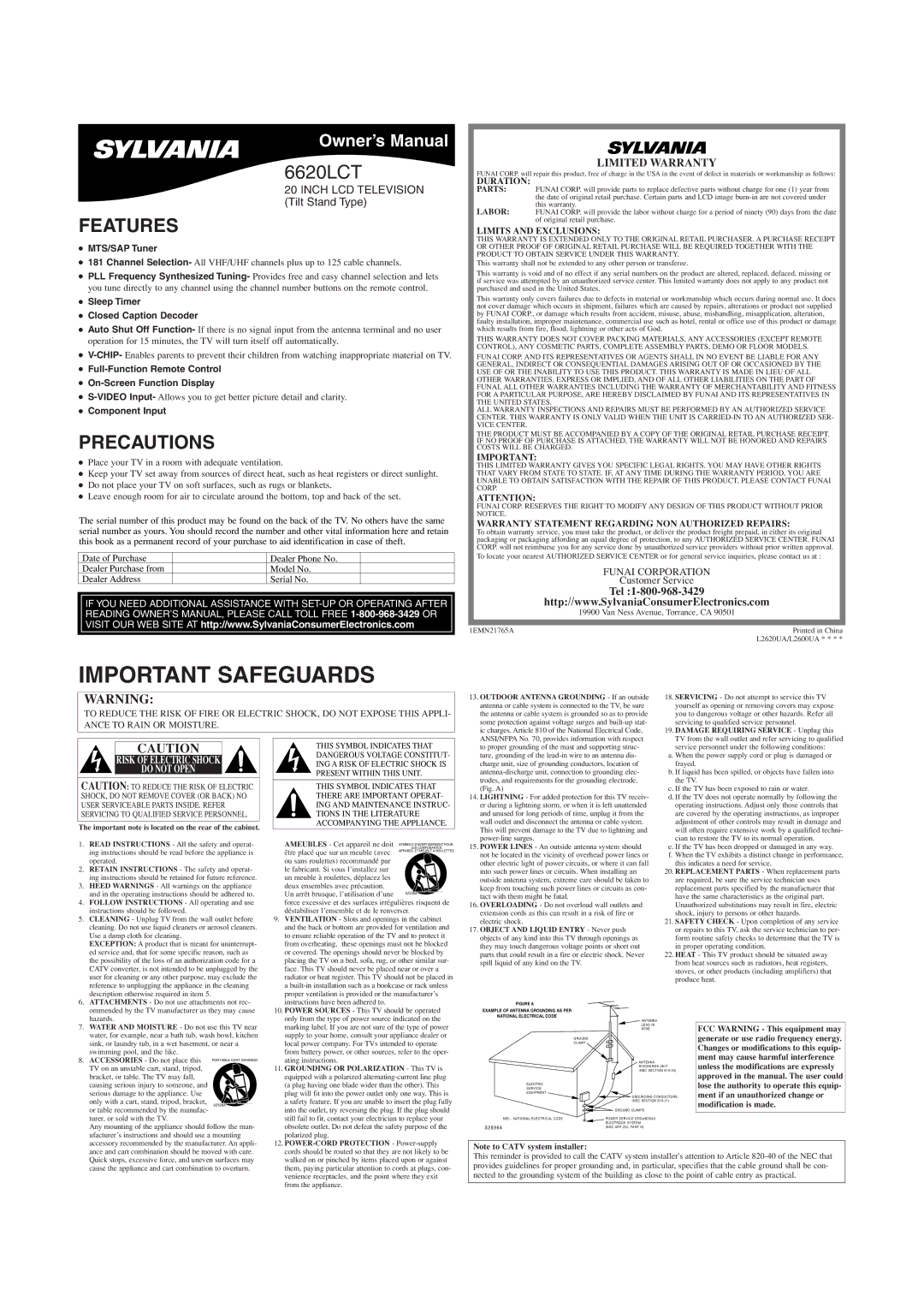 Sylvania 6620LCT owner manual Features, Precautions, Limited Warranty, Tel 