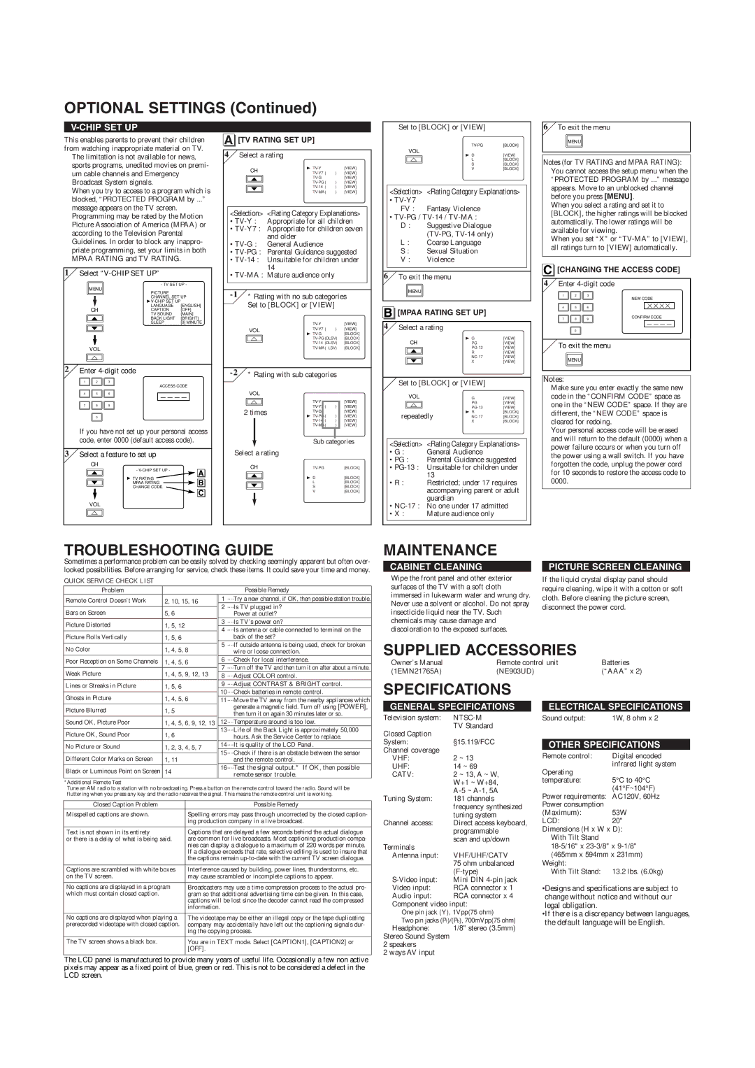 Sylvania 6620LCT owner manual Optional Settings, Troubleshooting Guide, Maintenance, Supplied Accessories, Specifications 