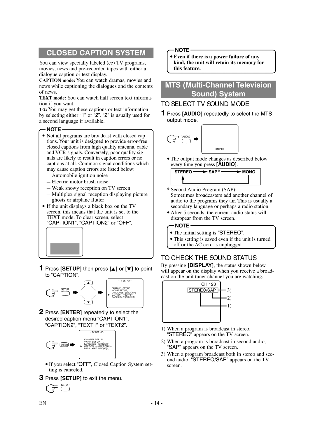 Sylvania 6620LDG owner manual Closed Caption System, To Select TV Sound Mode, To Check the Sound Status 