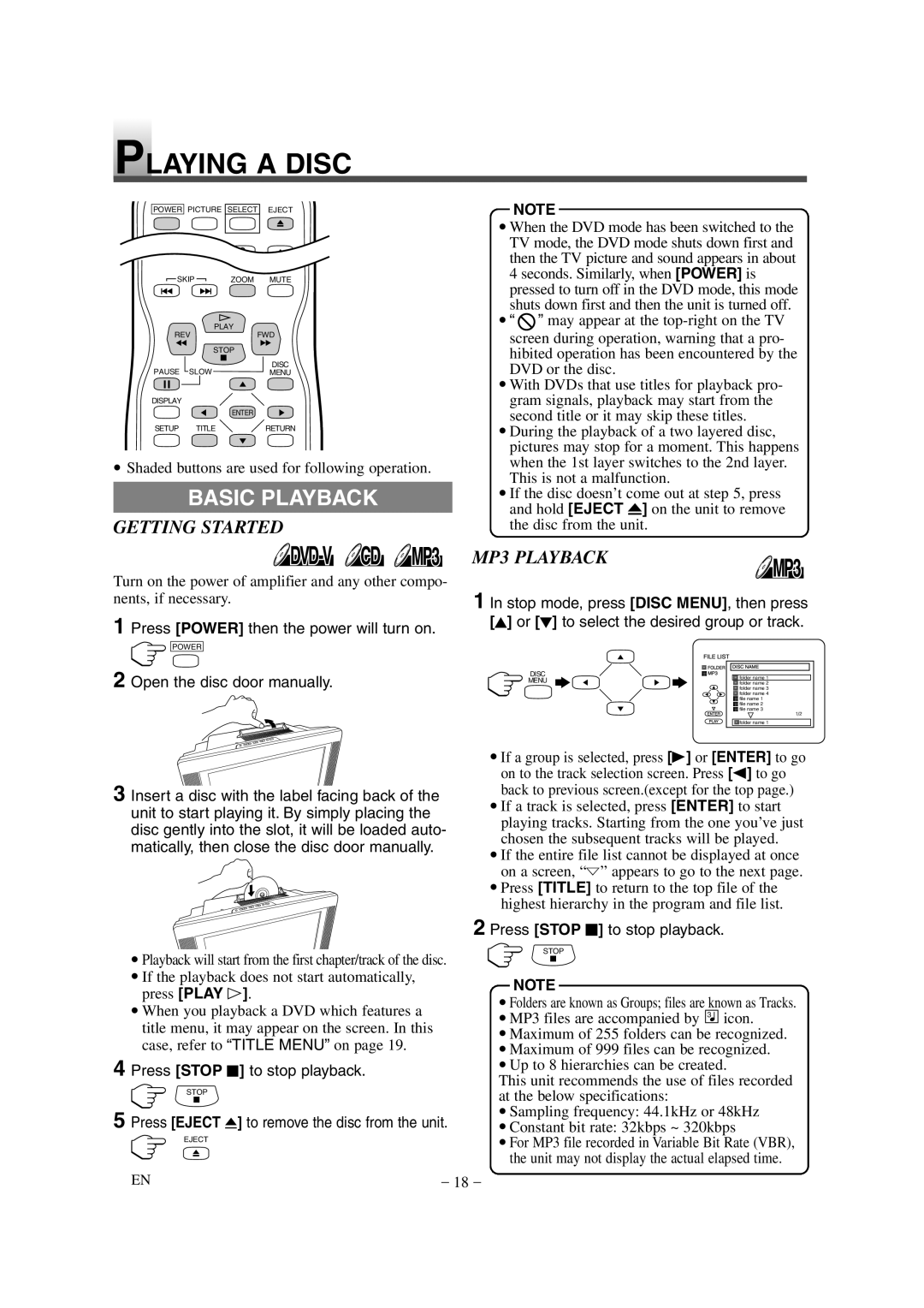 Sylvania 6620LDG owner manual Playing a Disc, Basic Playback, Getting Started, MP3 Playback 