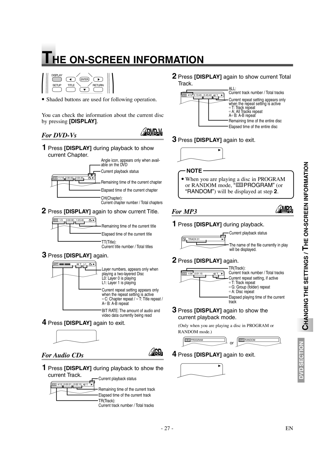 Sylvania 6620LDG owner manual ON-SCREEN Information, Changing the Settings / the ON-SCREEN 