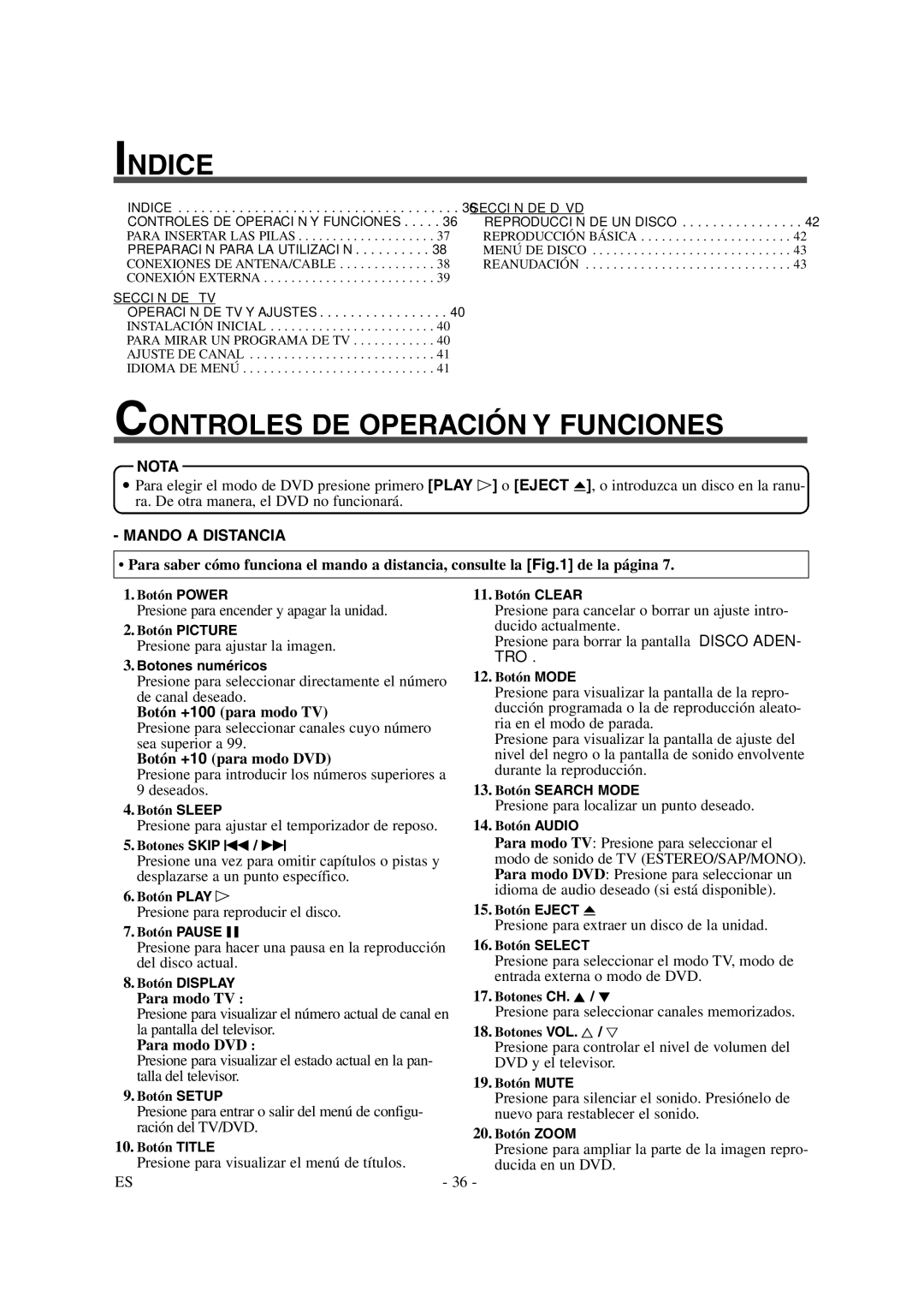 Sylvania 6620LDG owner manual Indice, Controles DE Operación Y Funciones, Nota, Mando a Distancia 