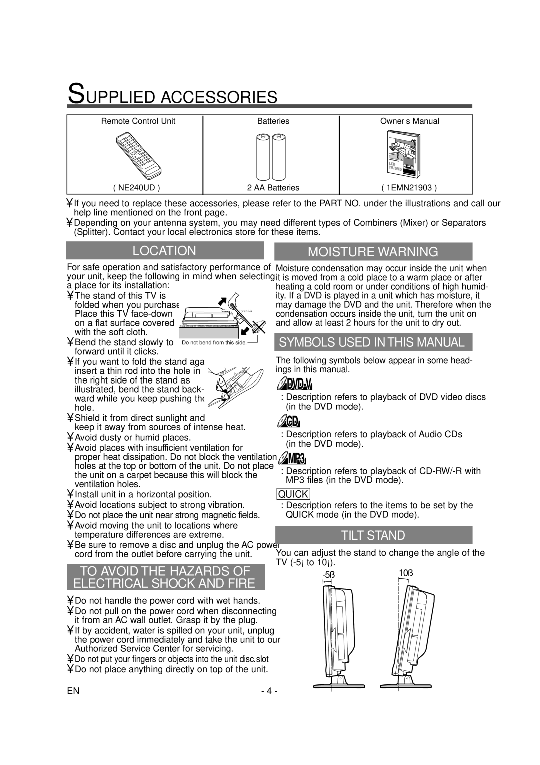 Sylvania 6620LDG owner manual Supplied Accessories, Location, Moisture Warning, Symbols Used in this Manual, Tilt Stand 