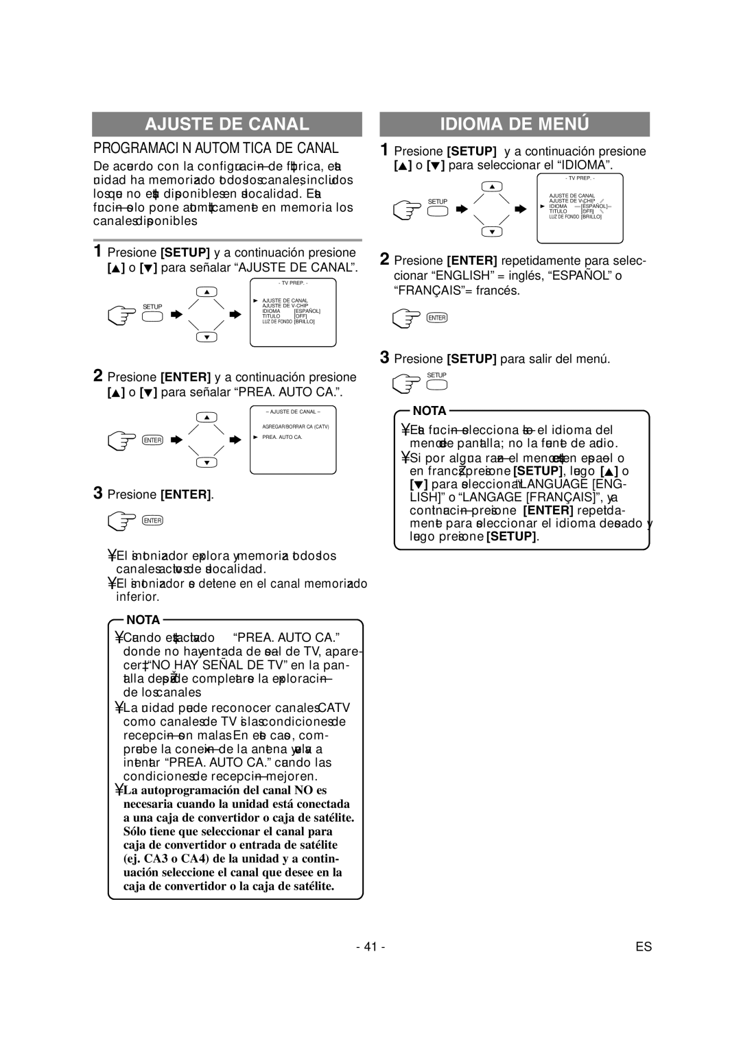 Sylvania 6620LDG owner manual Ajuste DE Canal, Idioma DE Menú, Presione Enter, Lish o Langage FRANÇAIS, y a 