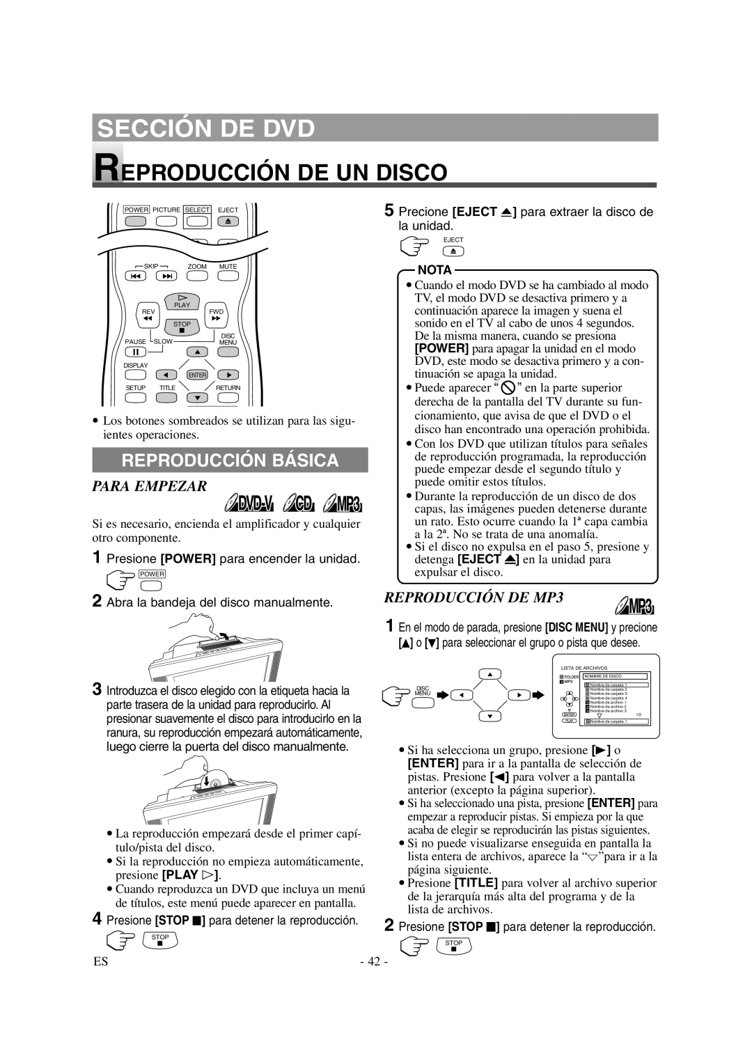 Sylvania 6620LDG owner manual Reproducción DE UN Disco, Reproducción Básica, Para Empezar, Reproducción DE MP3 