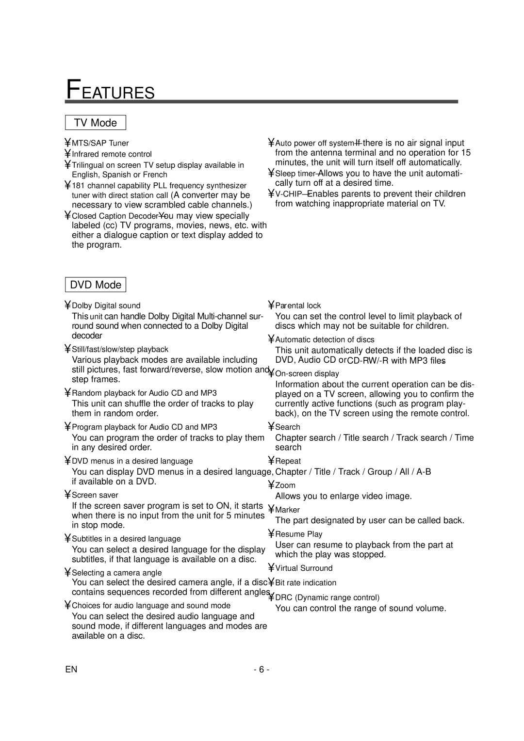 Sylvania 6620LDG owner manual Features, TV Mode 