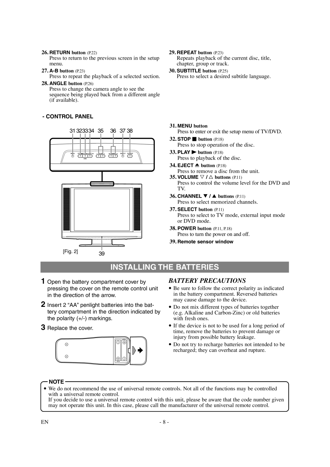 Sylvania 6620LDG owner manual Installing the Batteries, Battery Precautions, Control Panel 