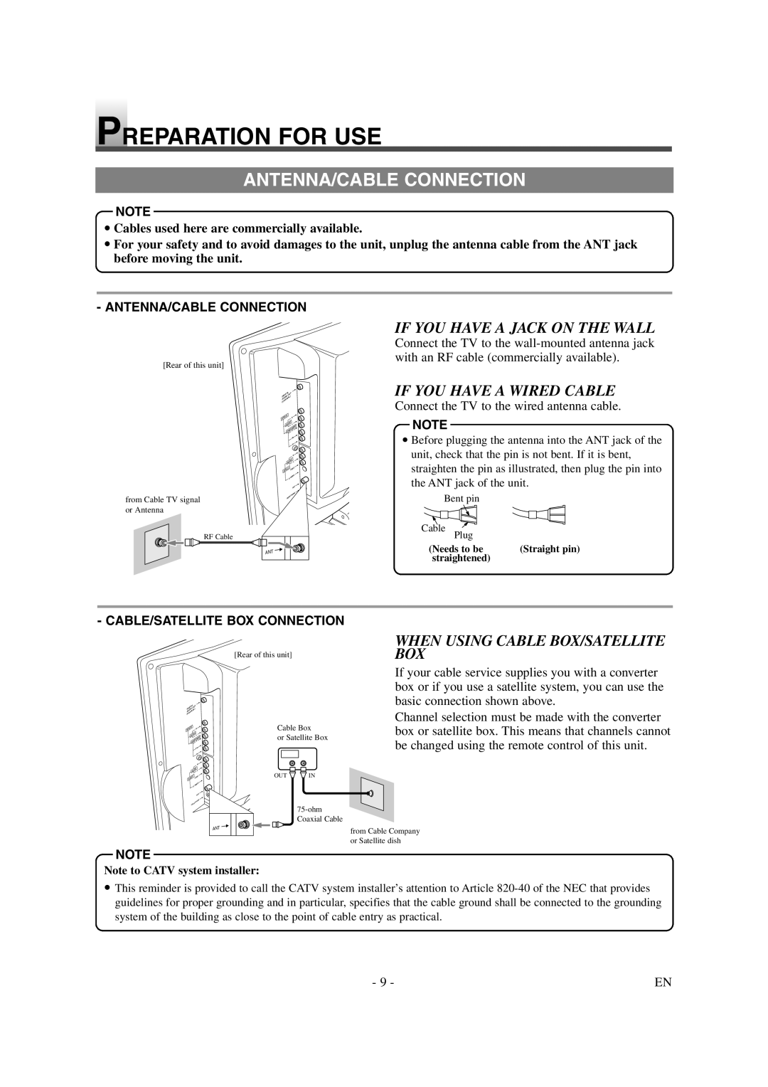 Sylvania 6620LDG Preparation for USE, ANTENNA/CABLE Connection, If YOU have a Jack on the Wall, If YOU have a Wired Cable 