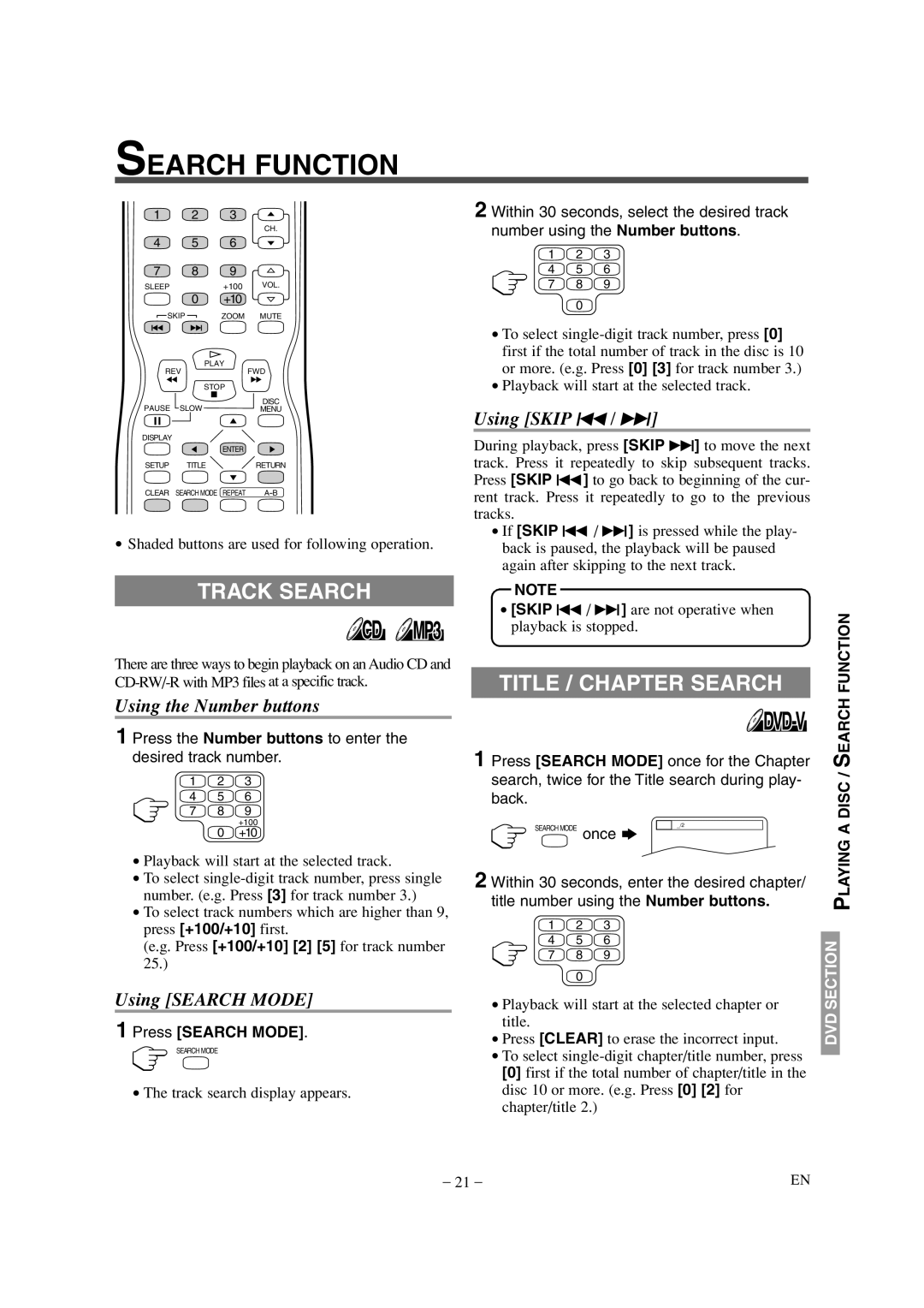 Sylvania 6620LDT Search Function, Track Search, Title / Chapter Search, Playing a Disc / Search, Press Search Mode 