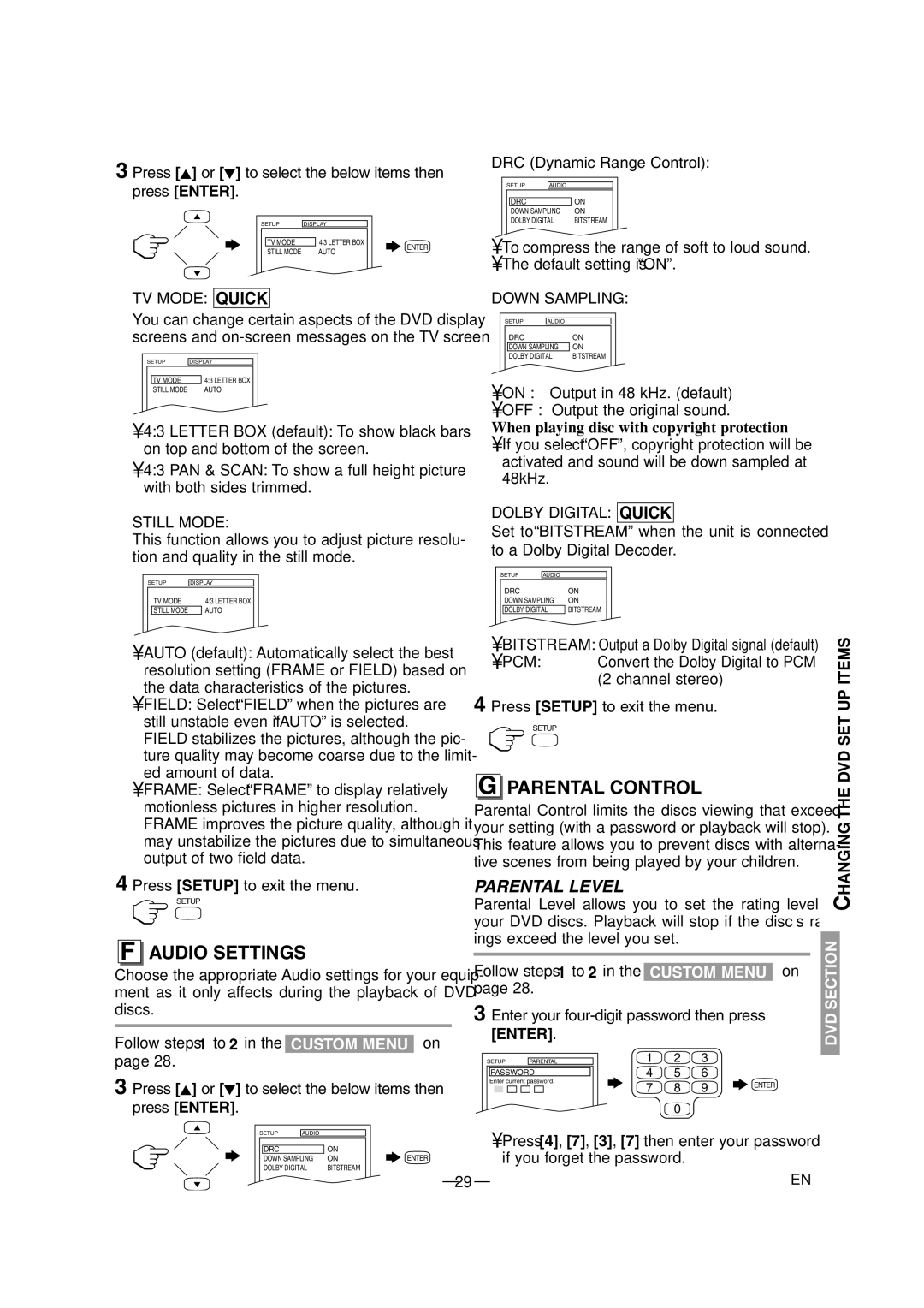 Sylvania 6620LDT owner manual Audio Settings, Parental Control, When playing disc with copyright protection 