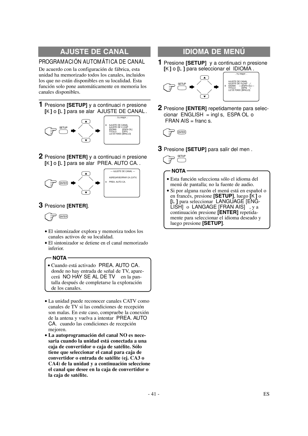 Sylvania 6620LDT owner manual Ajuste DE Canal, Idioma DE Menú, Presione Enter, Lish o Langage FRANÇAIS, y a 