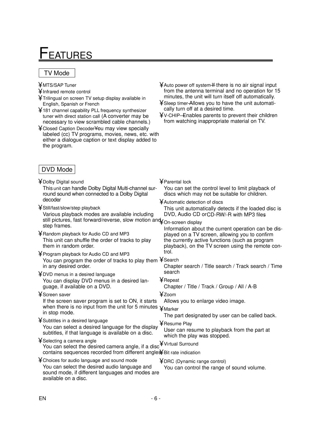 Sylvania 6620LDT owner manual Features, TV Mode 