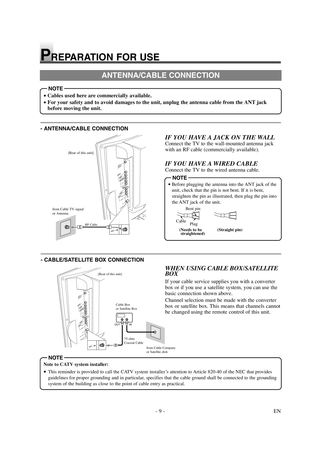 Sylvania 6620LDT Preparation for USE, ANTENNA/CABLE Connection, If YOU have a Jack on the Wall, If YOU have a Wired Cable 