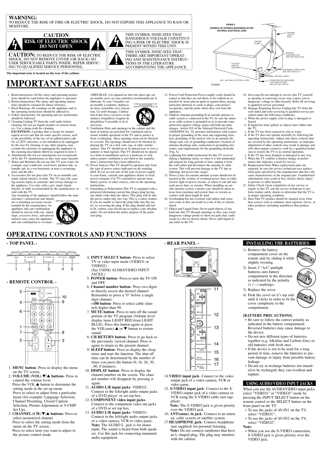 Sylvania 6620LE owner manual Important Safeguards, Risk of Electric Shock, Do not Open, Installing the Batteries 