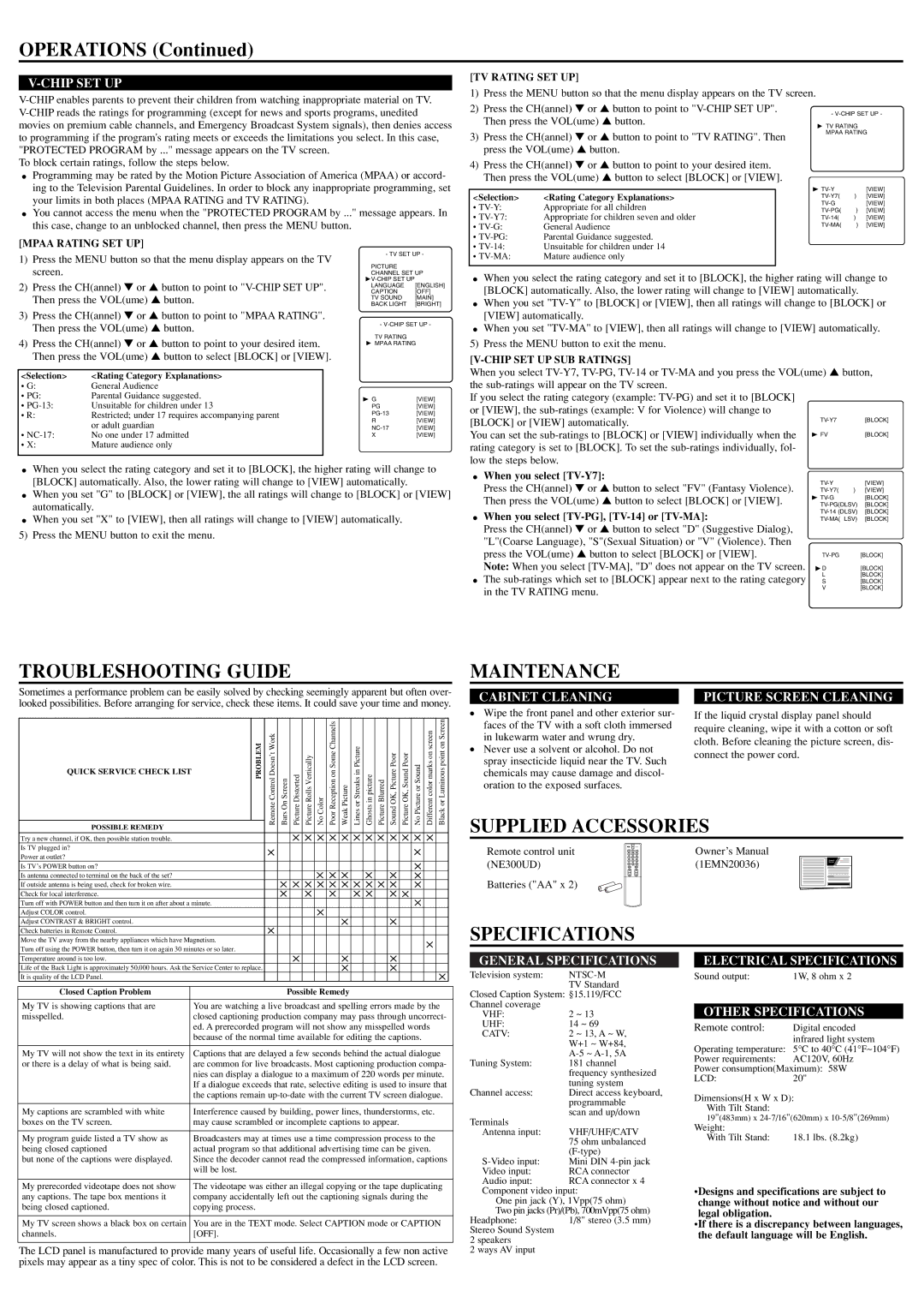 Sylvania 6620LE owner manual Operations, Troubleshooting Guide, Maintenance, Supplied Accessories, Specifications 