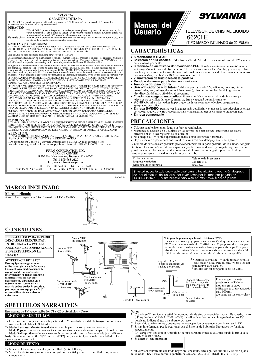 Sylvania 6620LE owner manual Características, Precauciones, Marco Inclinado, Conexiones, Subtitulos Narrativos 