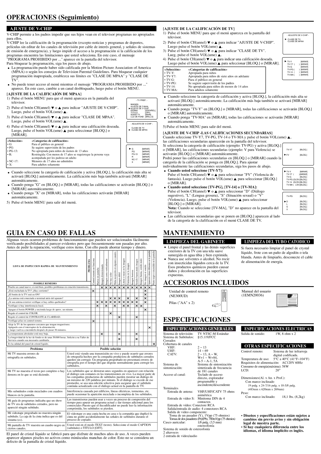 Sylvania 6620LE Operaciones Seguimiento, Guia EN Caso DE Fallas, Mantenimiento, Accesorios Incluidos, Especificaciones 