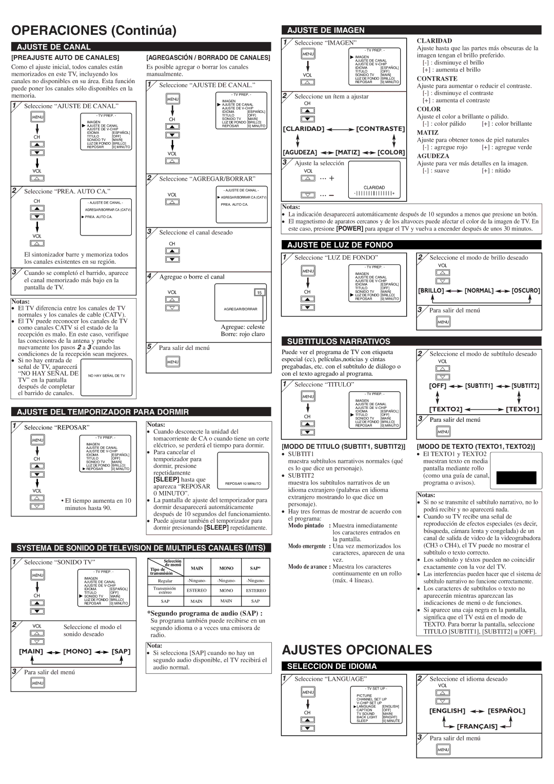 Sylvania 6620LF owner manual Operaciones Continúa, Ajustes Opcionales 