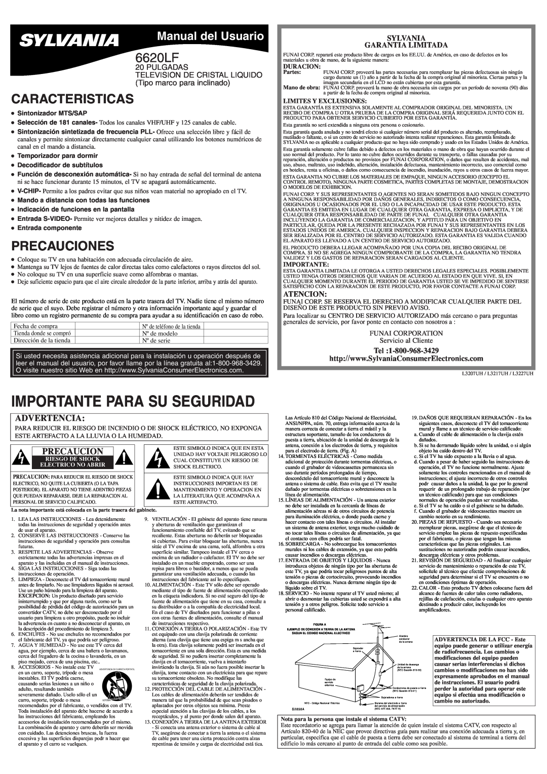 Sylvania 6620LF Caracteristicas, Precauciones, Manual del Usuario, Sylvania Garantia Limitada, Atencion, Duracion 
