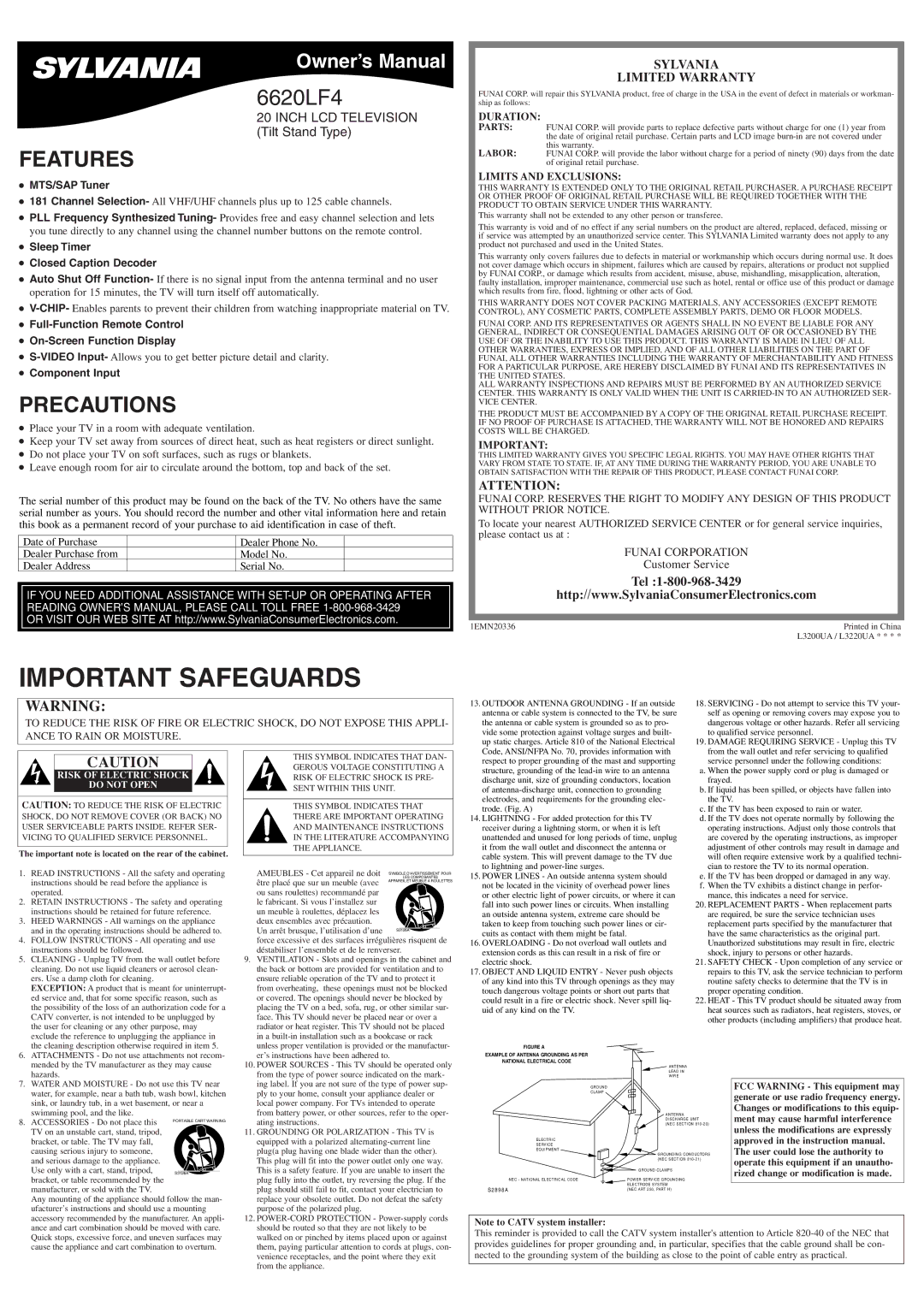 Sylvania 6620LF4 owner manual Features, Precautions, Sylvania Limited Warranty, Tel 