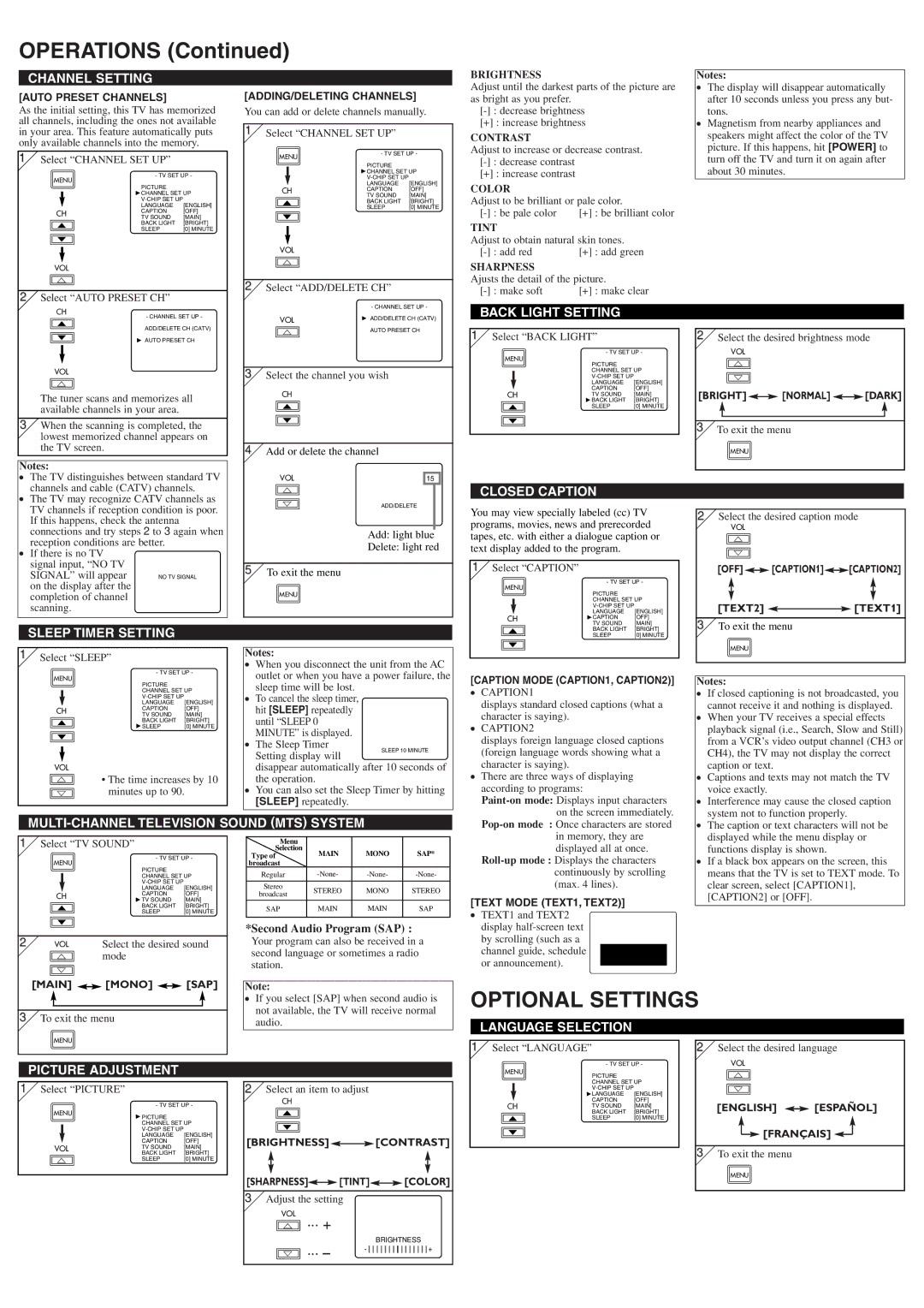 Sylvania 6620LF4 owner manual Operations, Optional Settings 