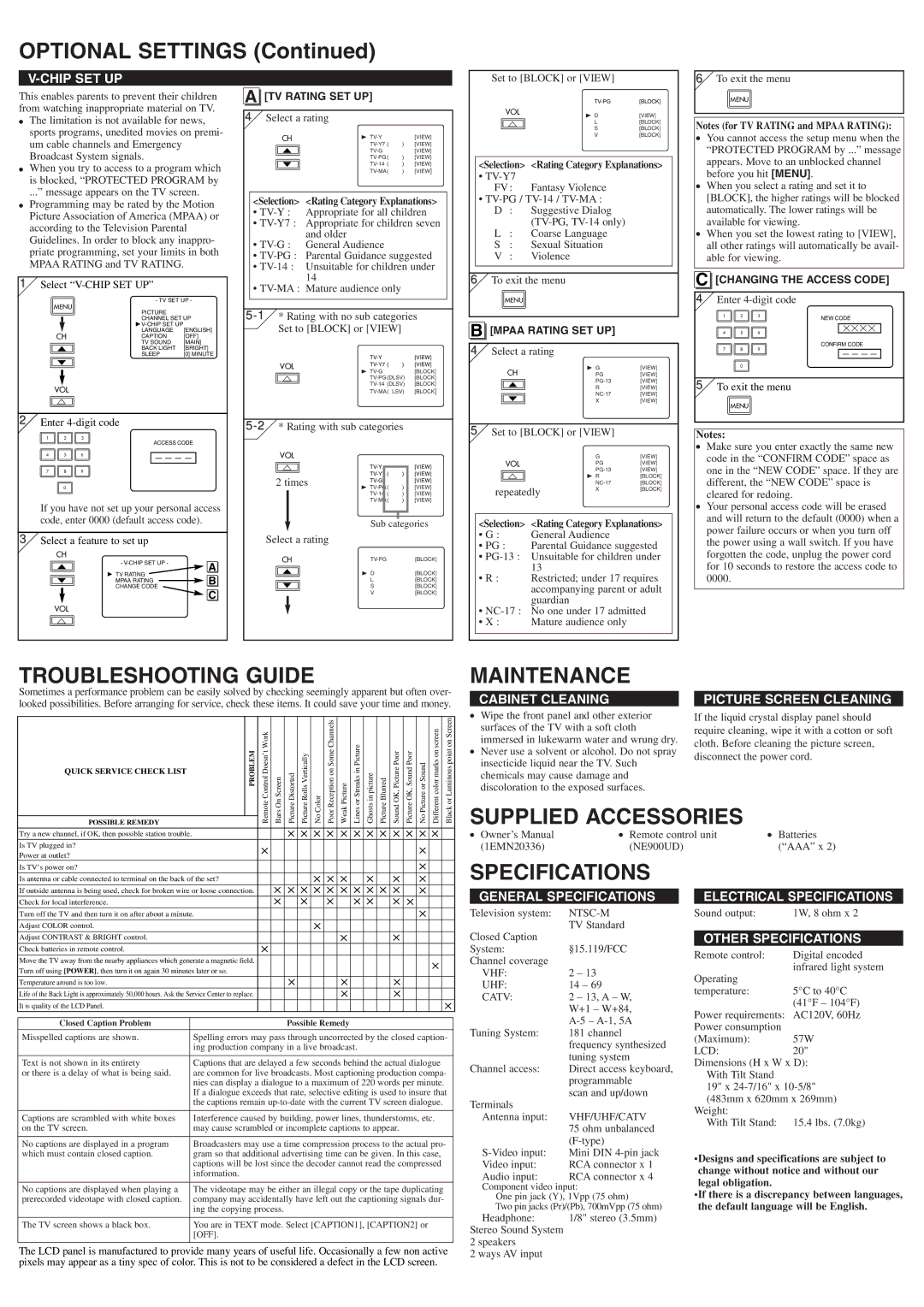 Sylvania 6620LF4 owner manual Optional Settings, Troubleshooting Guide, Maintenance, Specifications 