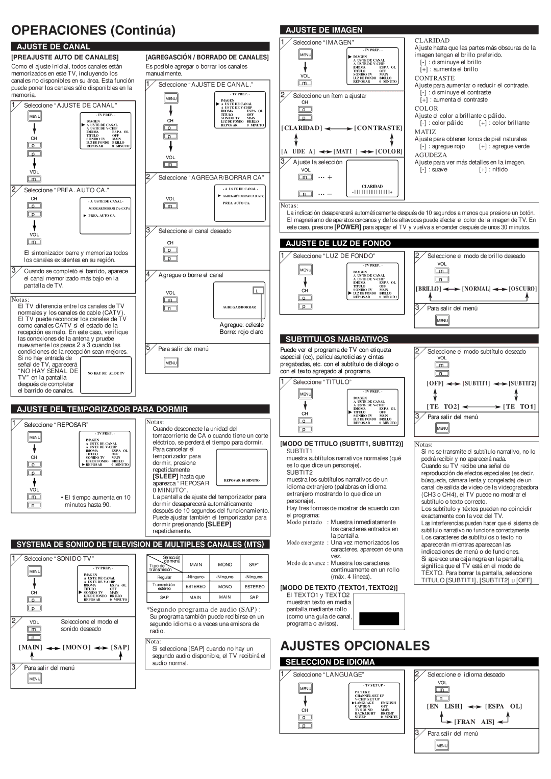 Sylvania 6620LF4 owner manual Operaciones Continúa, Ajustes Opcionales 