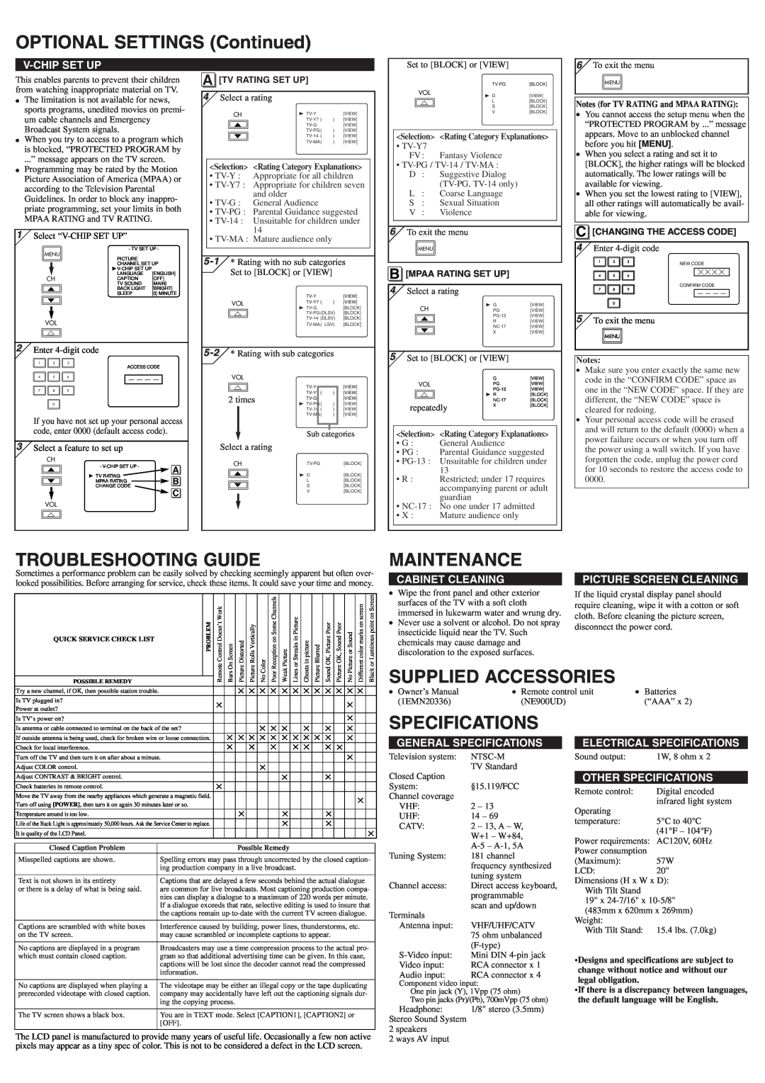 Sylvania 6620LF4 OPTIONAL SETTINGS Continued, Troubleshooting Guide, Maintenance, Specifications, V-Chip Set Up 