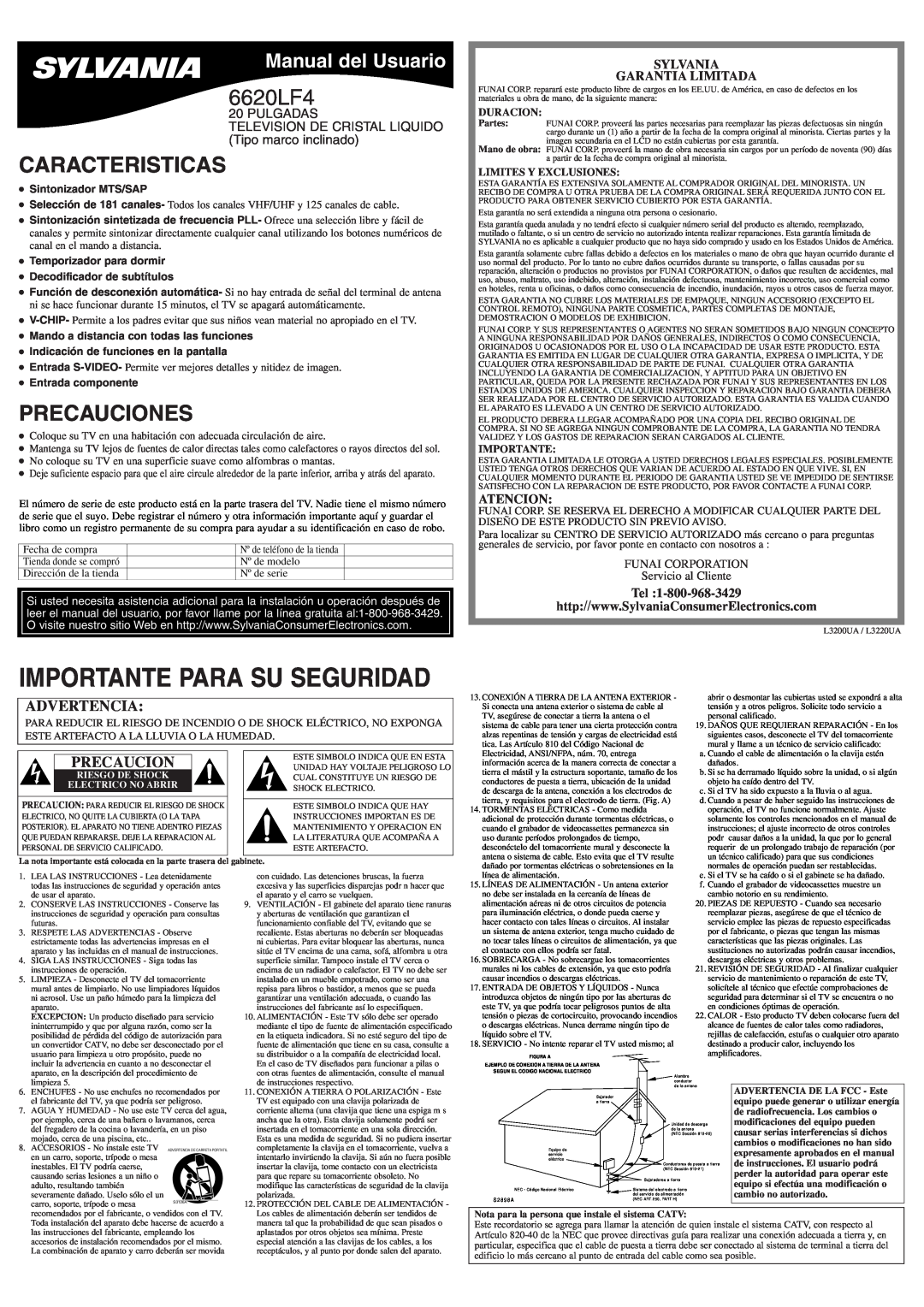 Sylvania 6620LF4 Caracteristicas, Precauciones, Manual del Usuario, Sylvania Garantia Limitada, Atencion, Duracion 