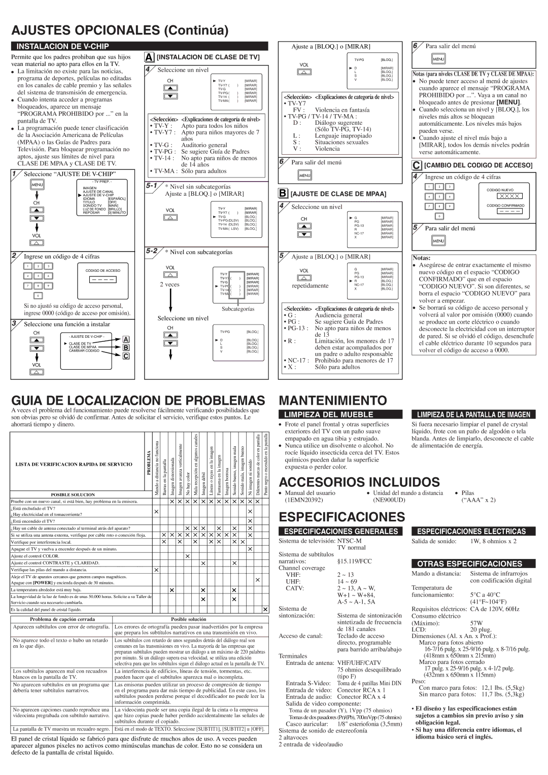 Sylvania 6620LFP Ajustes Opcionales Continúa, Guia DE Localizacion DE Problemas, Mantenimiento, Accesorios Incluidos 