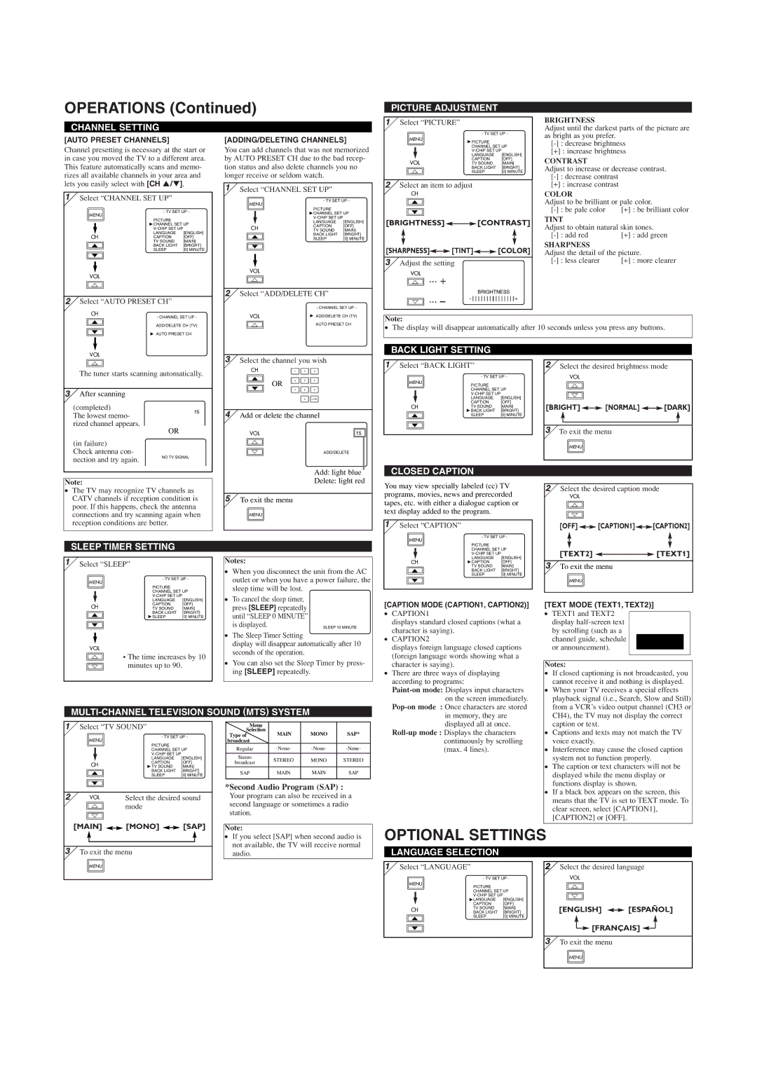 Sylvania 6620LG owner manual Operations, Optional Settings 