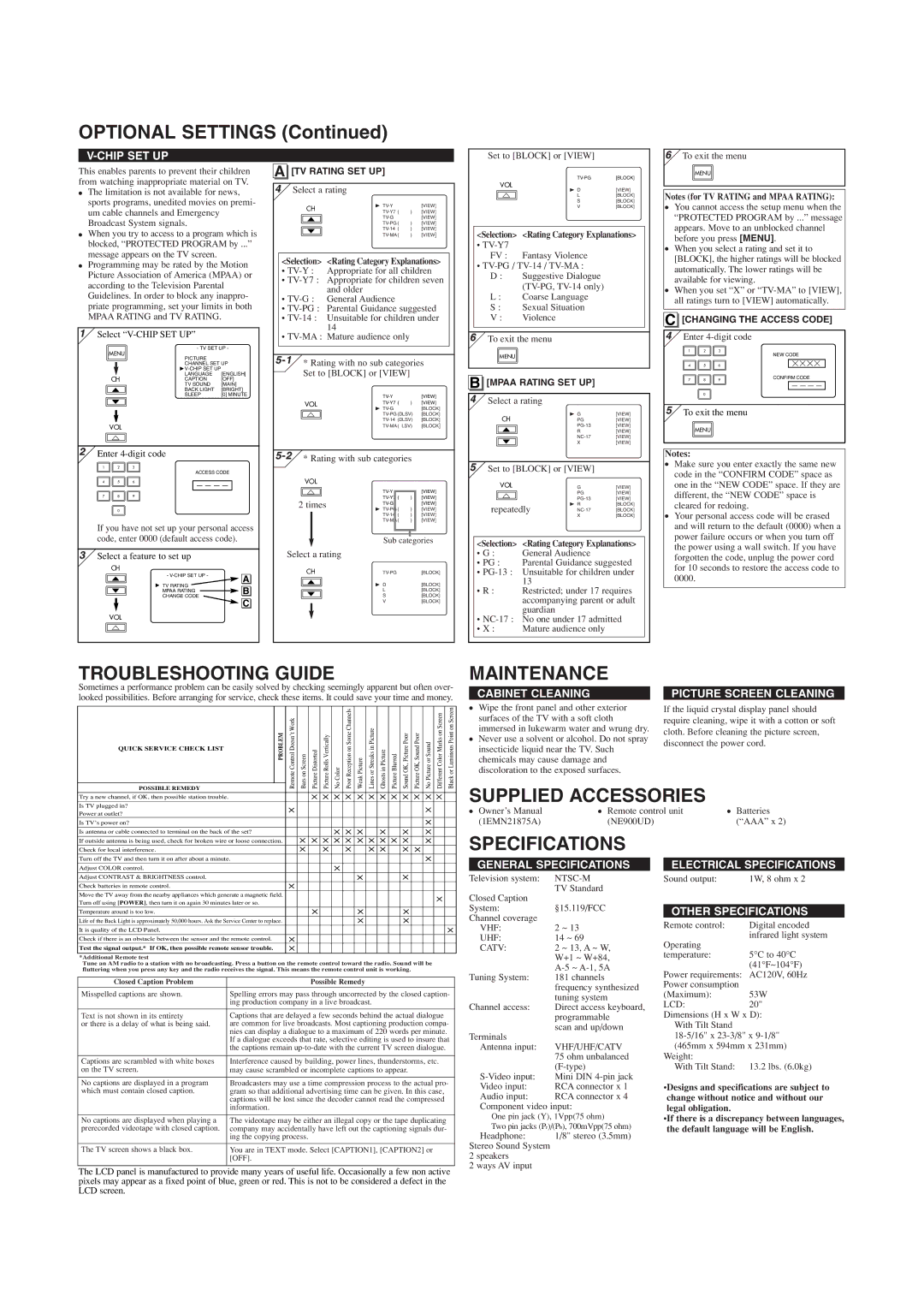 Sylvania 6620LG owner manual Optional Settings, Troubleshooting Guide, Maintenance, Supplied Accessories, Specifications 