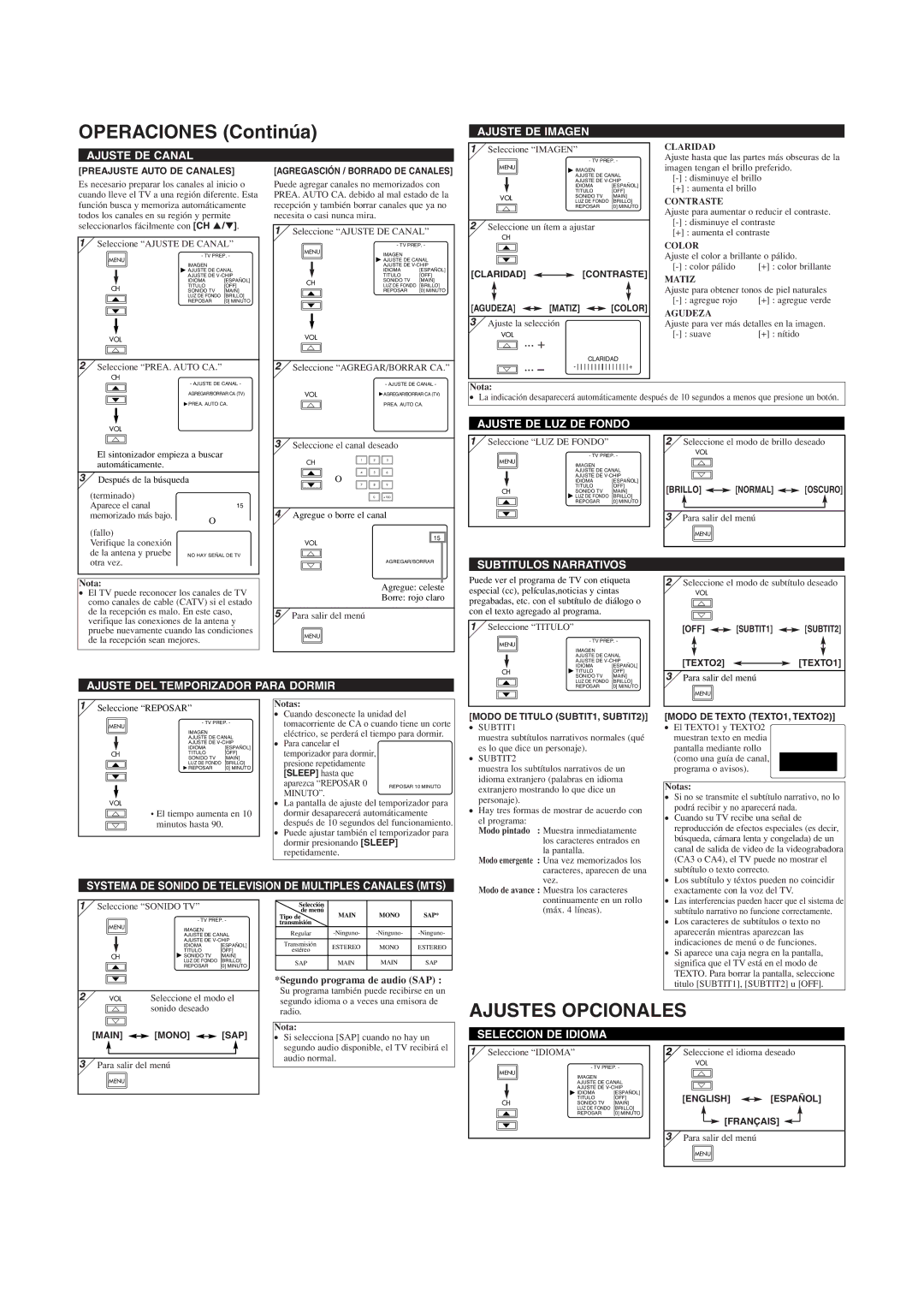 Sylvania 6620LG owner manual Operaciones Continúa, Ajustes Opcionales 