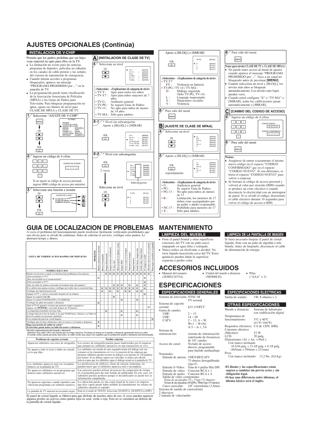 Sylvania 6620LG Ajustes Opcionales Continúa, Guia DE Localizacion DE Problemas, Mantenimiento, Especificaciones 