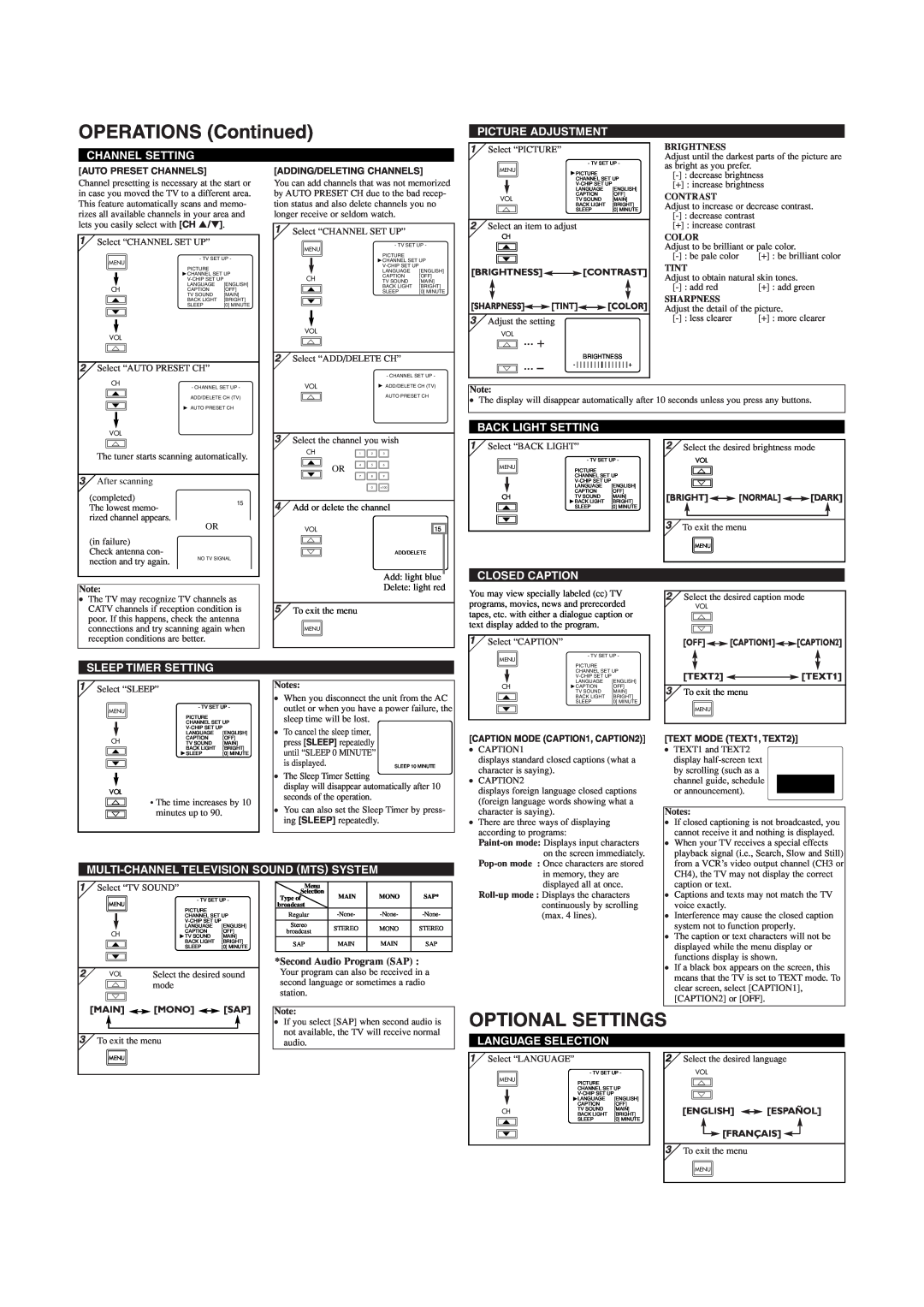 Sylvania 6620LG OPERATIONS Continued, Optional Settings, m ... +, Picture Adjustment, Channel Setting, Back Light Setting 