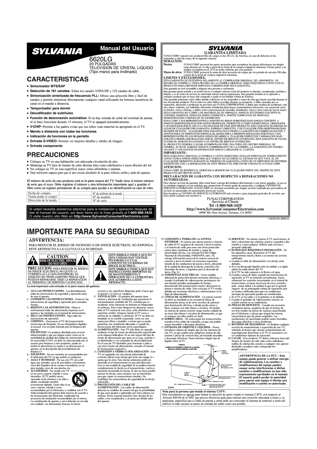 Sylvania 6620LG Caracteristicas, Precauciones, Manual del Usuario, Garantia Limitada, Importante Para Su Seguridad 