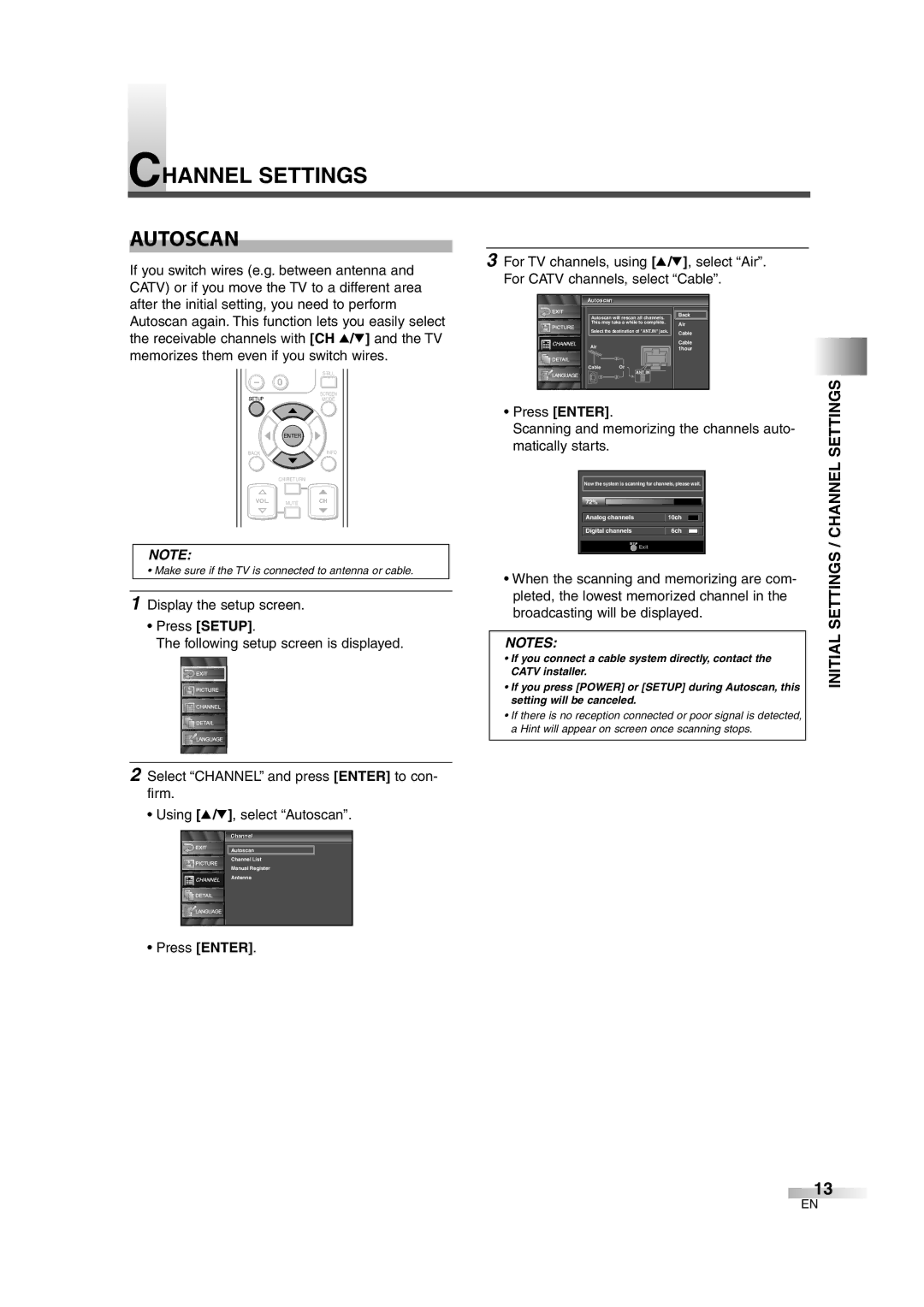 Sylvania 6626LCT owner manual Channel Settings Autoscan, Initial Settings / Channel Settings, Press Enter 