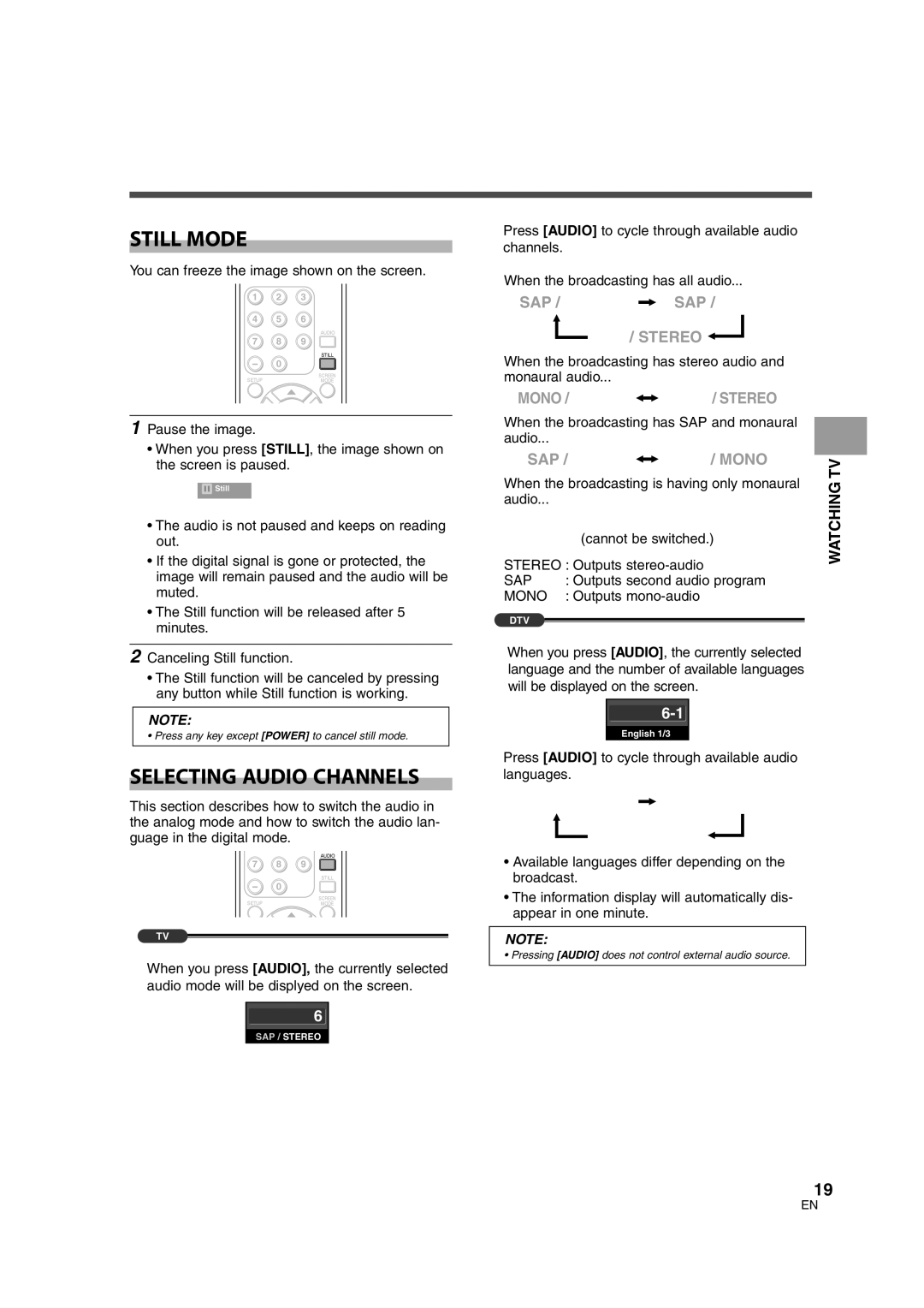 Sylvania 6626LCT owner manual Still Mode, Selecting Audio Channels, Watching TV 