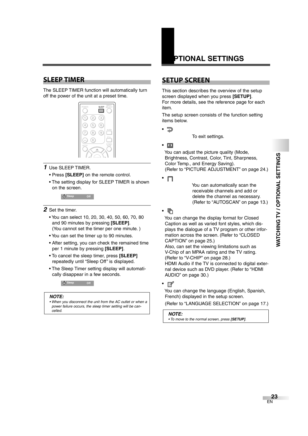 Sylvania 6626LCT owner manual Sleep Timer, Optional Settings Setup Screen, Watching TV / Optional Settings 