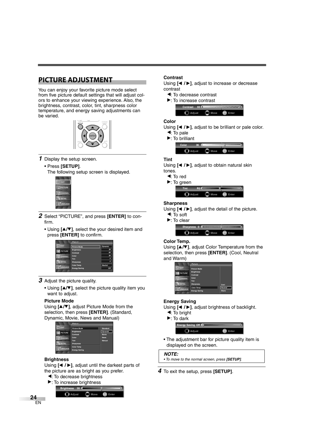 Sylvania 6626LCT owner manual Picture Adjustment 