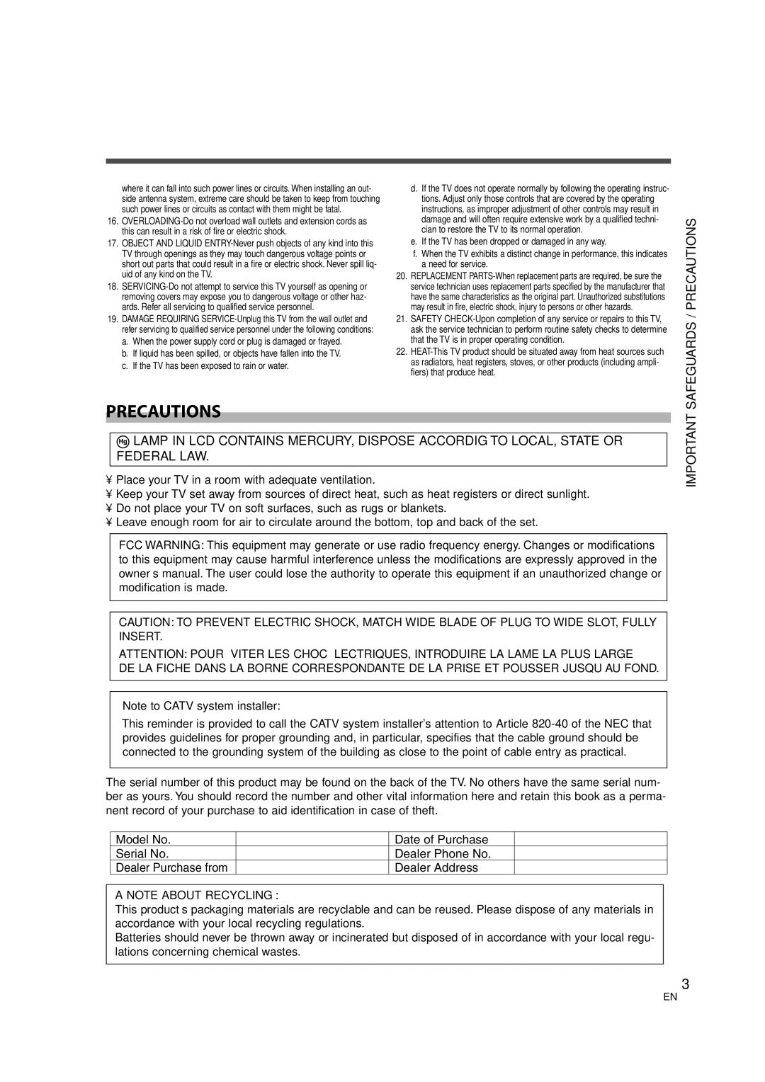 Sylvania 6626LCT owner manual Safeguards / Precautions, Dealer Phone No 