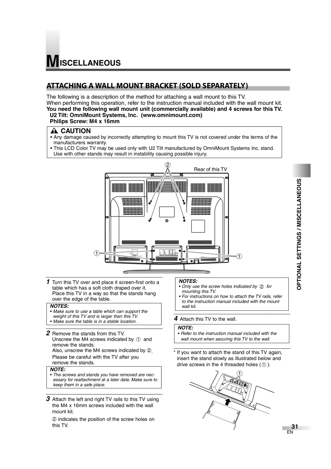 Sylvania 6626LCT Miscellaneous Attaching a Wall Mount Bracket Sold Separately, Optional Settings / Miscellaneous 