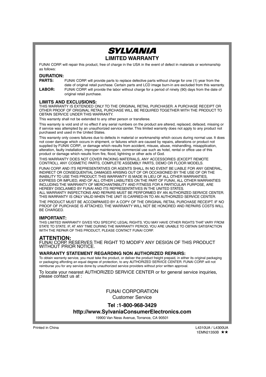 Sylvania 6626LCT owner manual Duration, Limits and Exclusions, Warranty Statement Regarding NON Authorized Repairs 