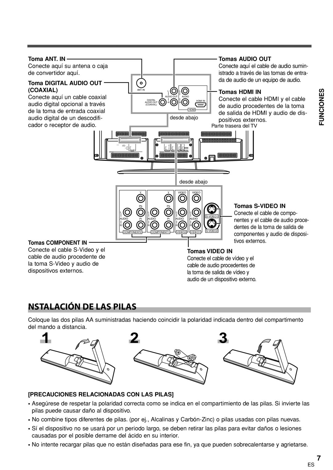 Sylvania 6626LCT owner manual Nstalación DE LAS Pilas, Funciones, Coaxial, Precauciones Relacionadas CON LAS Pilas 