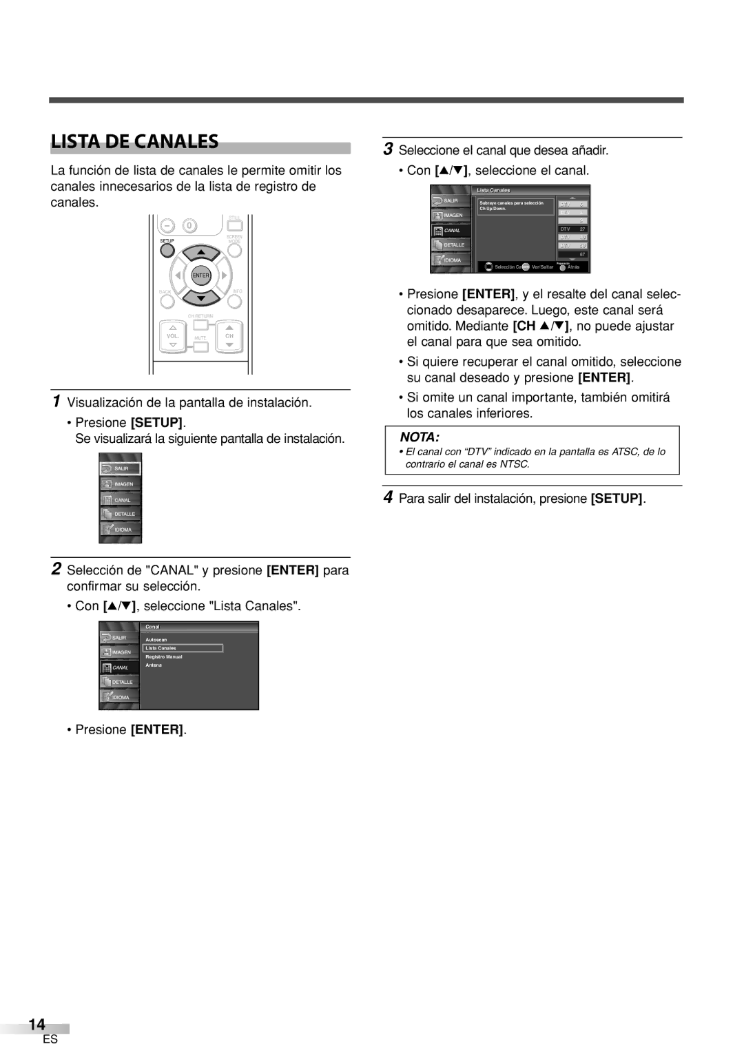 Sylvania 6626LCT owner manual Lista DE Canales, Para salir del instalación, presione Setup, Listai Canalesl 