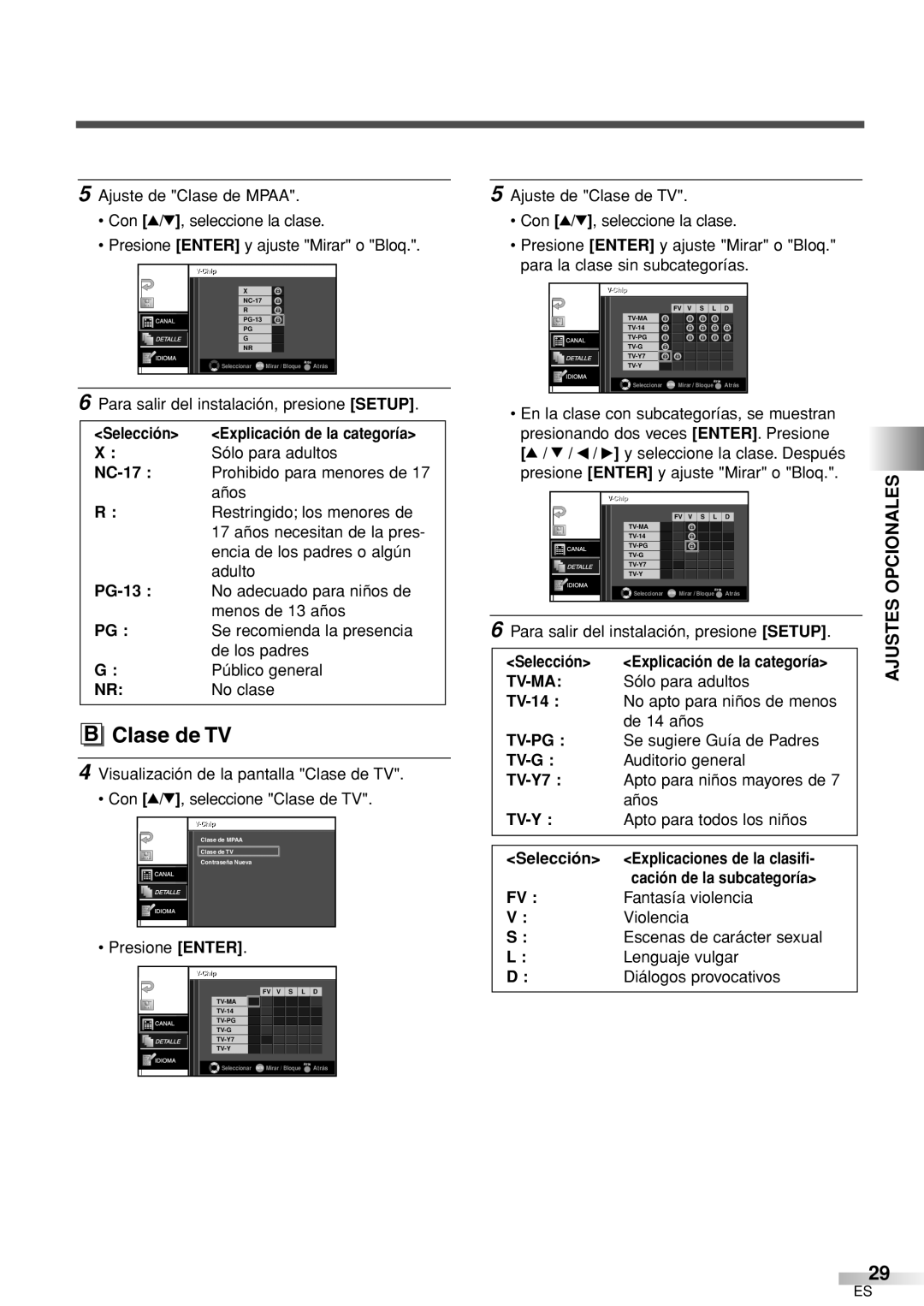 Sylvania 6626LCT owner manual Para la clase sin subcategorías, Selección Explicación de la categoría, Tv-Ma, Tv-Pg, Tv-Y 