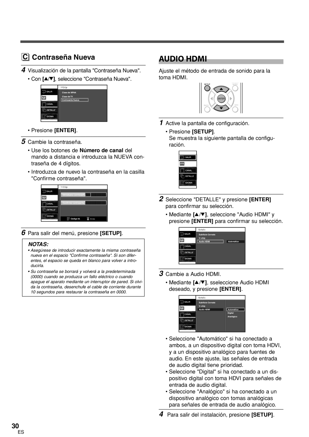 Sylvania 6626LCT Audio Hdmi, Para salir del menú, presione Setup, Ajuste el método de entrada de sonido para la toma Hdmi 