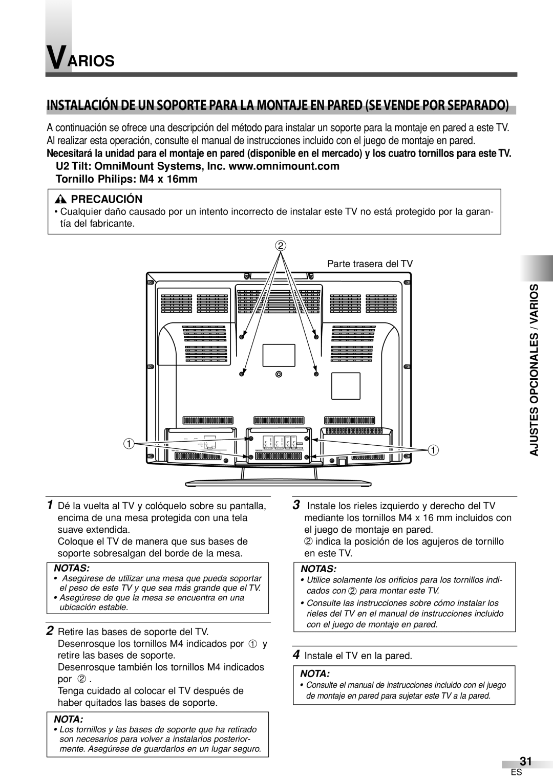 Sylvania 6626LCT owner manual # Precaución, Ajustes Opcionales / Varios, Instale el TV en la pared 